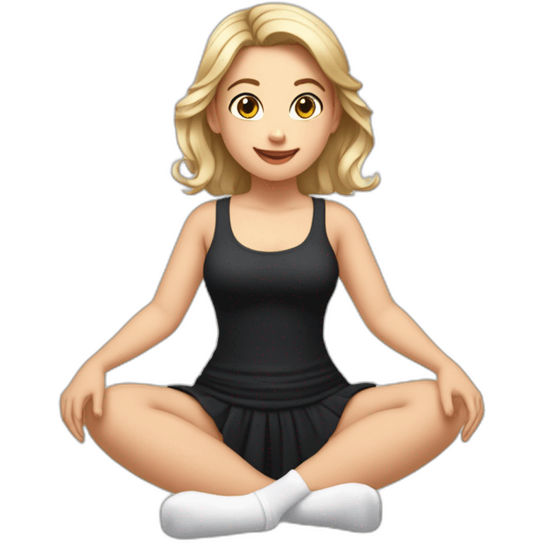 Front view full body curvy caucasian beauty sitting straight hands up black skirt white knickers white socks emoji