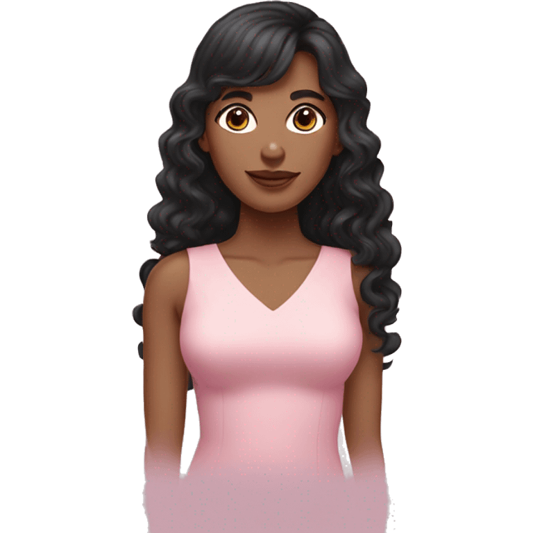 White woman with long black curly hair and bangs and dark brown eyes, wearing a pastel pink dress emoji