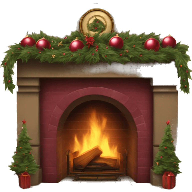 Vintage fireplace with Christmas wreaths with burgundy ornaments emoji