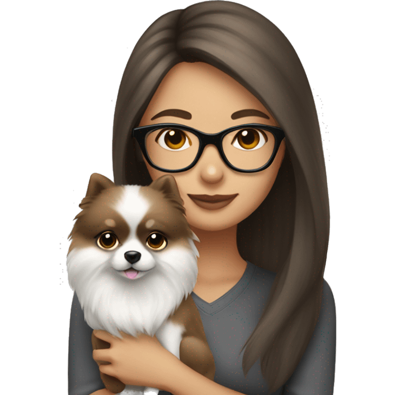 Brown hair girl with glasses holding a white and grey pomeranian emoji