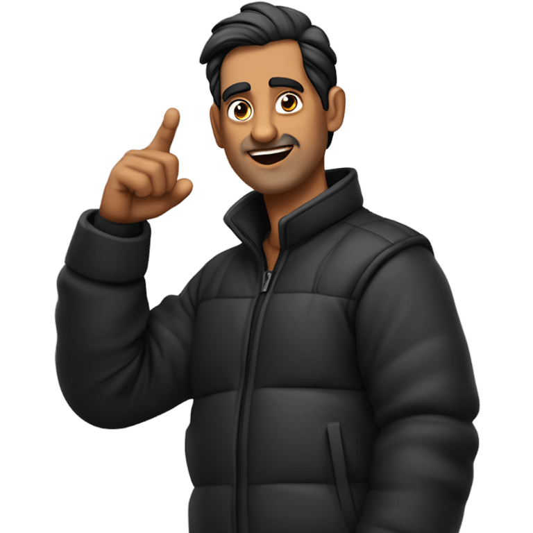 Indian man wearing a black puffer with sleeves rolled up to his mid forearm with black hair and in his 50s with receded hairline and no beard who is talking while pointing with his right arm and talking to the right side emoji