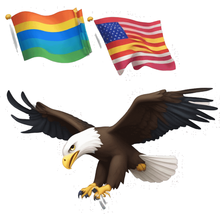 bald eagle in flight grasping three different flags: 1. pride flag, 2. trans flag, and 3. earth flag with talons  emoji