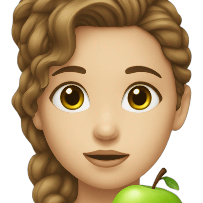 girl with brown hair and green eyes eating an apple emoji