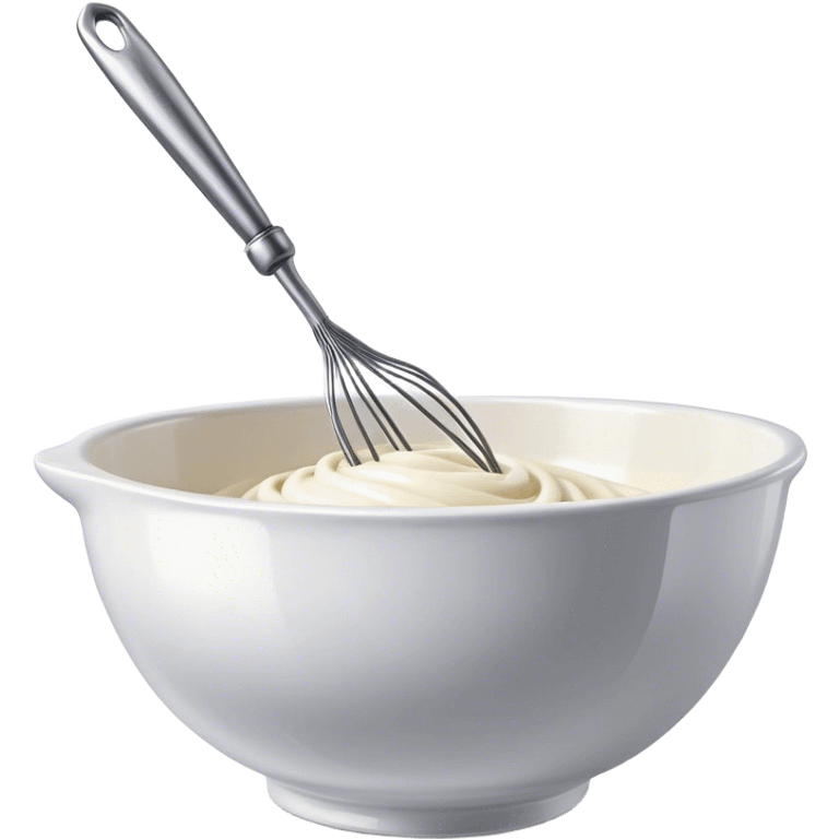 Cinematic Realistic Whisk & Mixing Bowl, a well-used metal whisk resting in a smooth ceramic mixing bowl, light reflecting off the whisk’s polished surface, subtle smears of batter along the rim, glowing with a sense of warmth and creativity. emoji