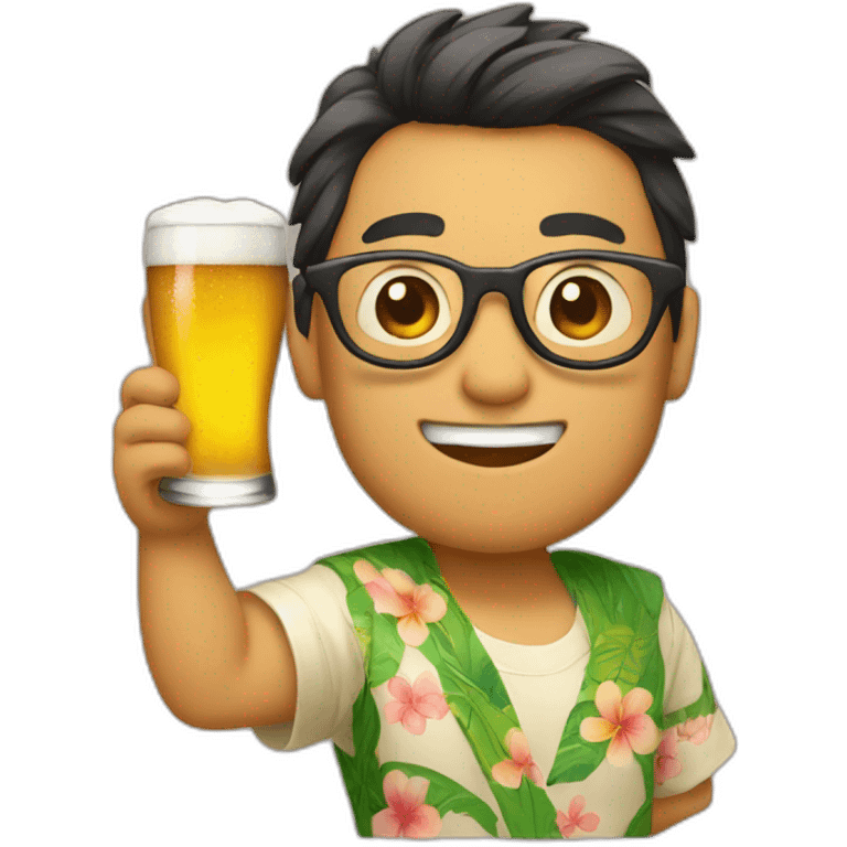 Japanese wearing glasses alohashirt is holding beer emoji