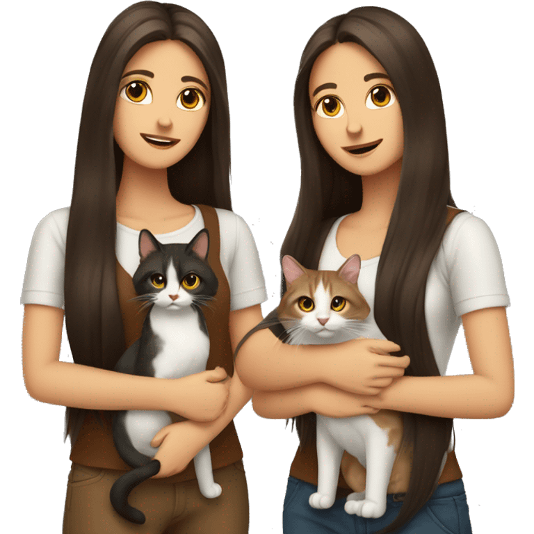 Two long hair brunettes keeping two cats in their hands emoji