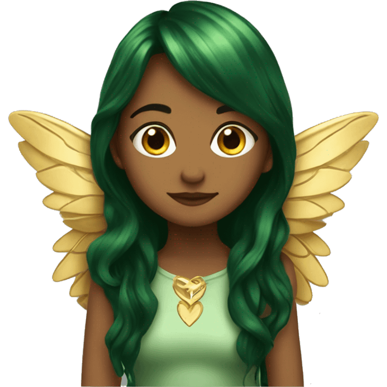 big wings, Beautiful, fairy, gold, brown, dark green, green, long hair emoji