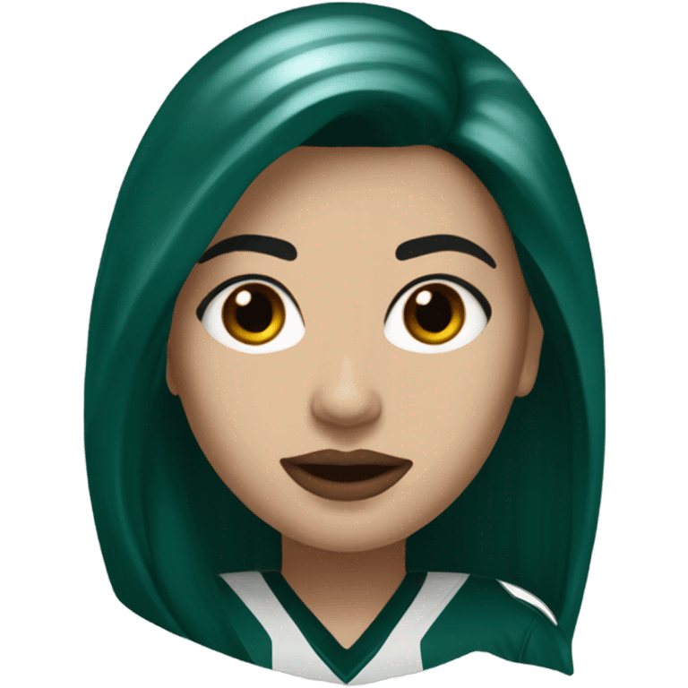 White female long dark hair red lips wearing Philadelphia Eagles jersey emoji