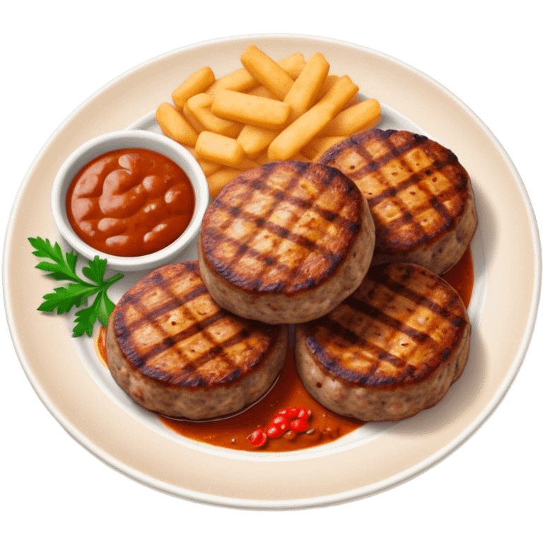 Cinematic Realistic image of Turkish Köfte, presented as perfectly formed, spiced meat patties with detailed textures and subtle grill marks, arranged artfully on a simple plate and illuminated by warm, appetizing lighting that accentuates their savory appeal. emoji