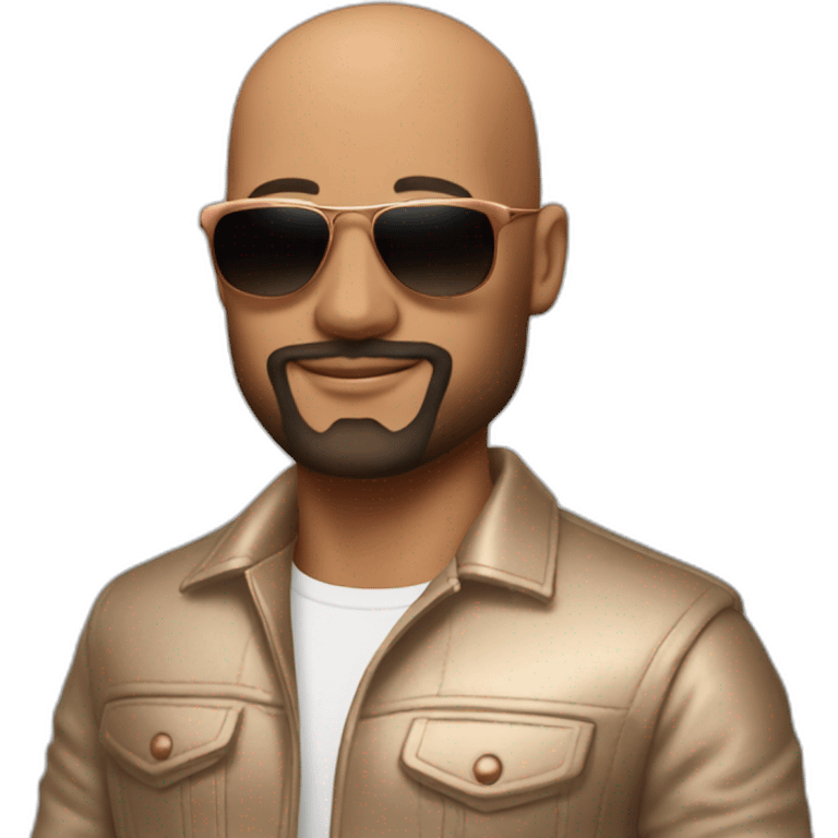 bald man wearing shades and has trimmed beard with normal colored skin standing next to a copper bugatti emoji