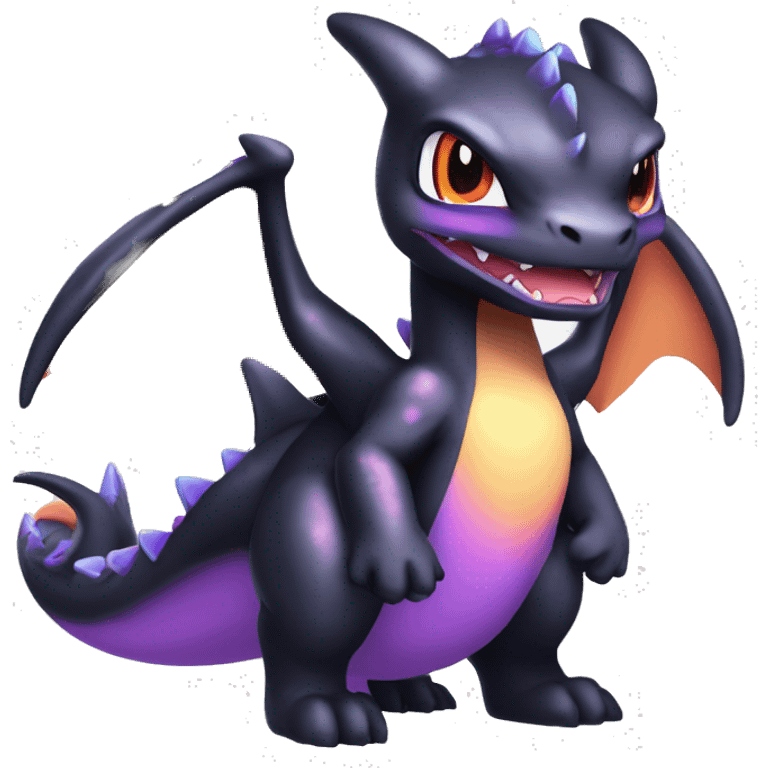 Black shiny nebula chibi Charizard-Raptor-Fakémon with purple accents full body emoji