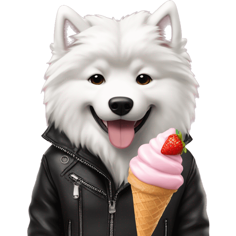 Samoyed dog eating vanila strawberry ice cream wearing black leather jacket  emoji