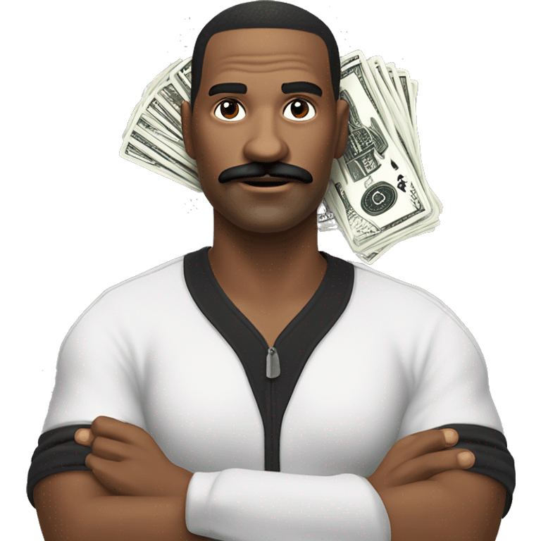 man with black moustache, a sly smirk, wearing track suit, with cash and playing cards in his hands emoji