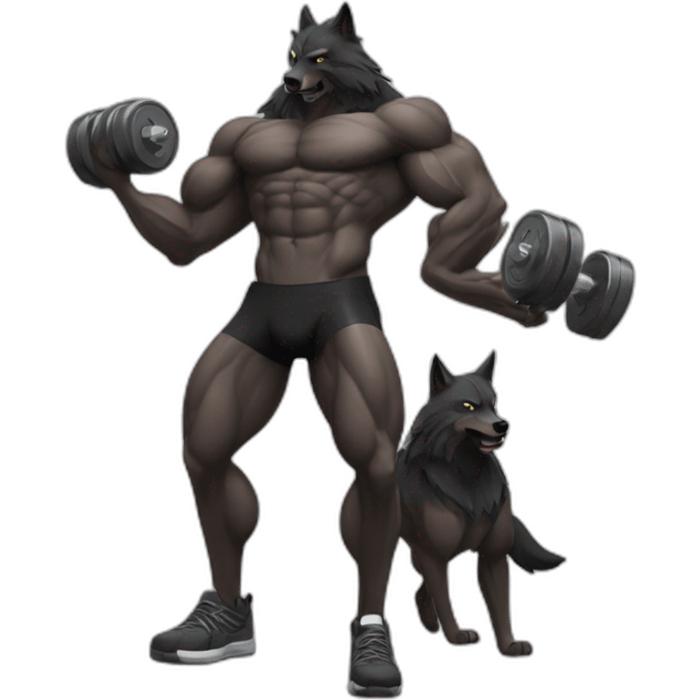 Bodybuilder black wolf pumping dumbbells emoji