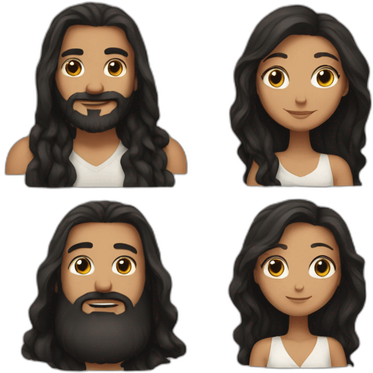 man brown beard and hair hugging woman with long black hair emoji