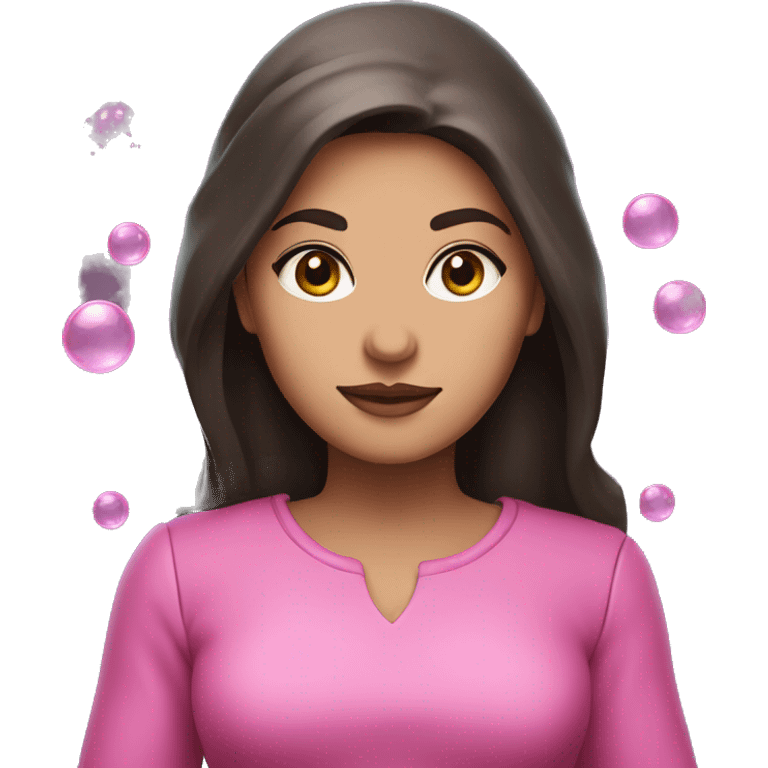 a witch brunette with brown eyes witch with pink clothing and bubbles emoji