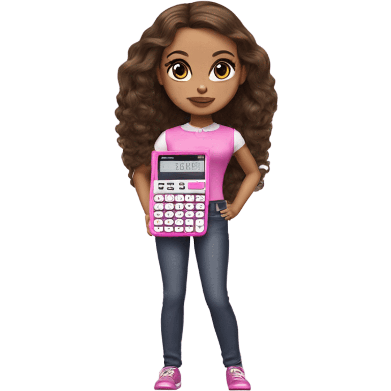 Hyper realistic bratz doll brunette with small pink calculator emoji