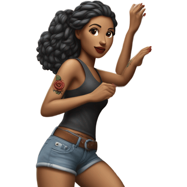 Hyper Realistic beautiful woman model with a small rose tattoo rock climbing  emoji