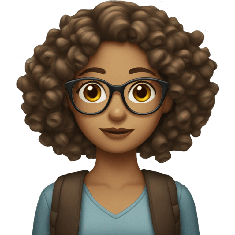 Girl with long brown curly hair with glasses emoji