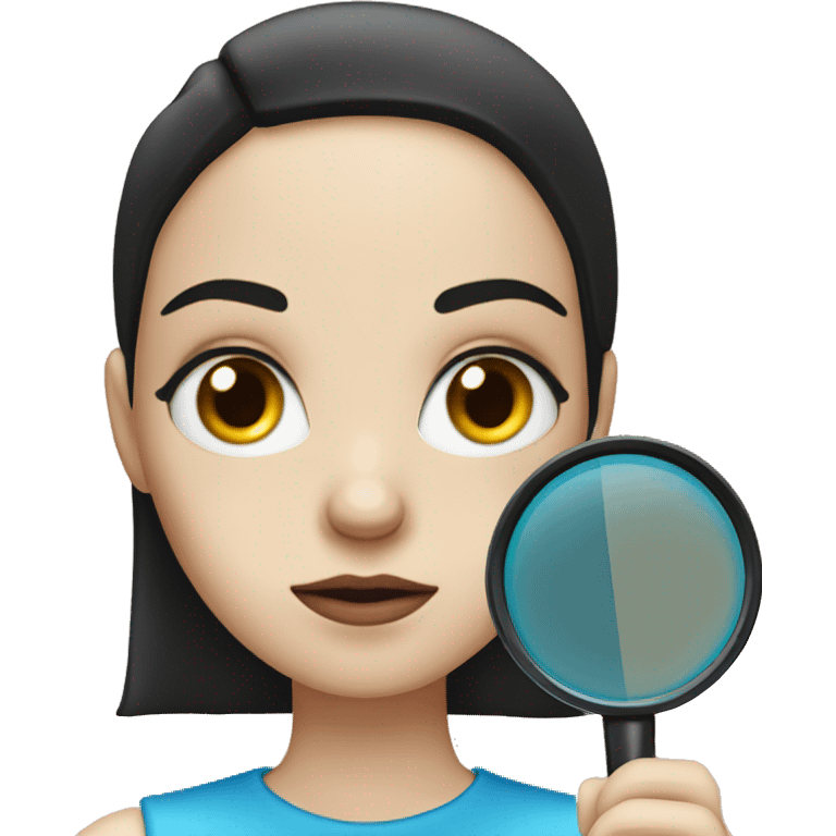 white Girl with black hair and blue eyes with magnifying glass with suspicious look emoji