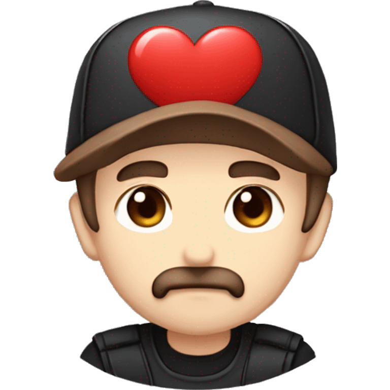 Chibi manga male with short brown hair and short brown beard and curve mustache and a black cap with a red heart twitch emote emoji