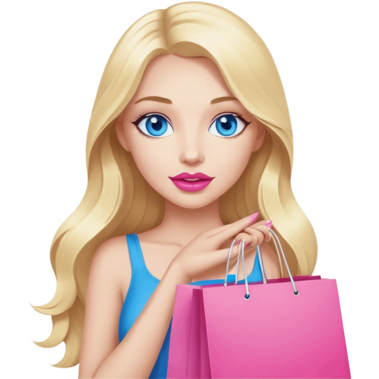 Cinematic realistic blonde with long hair, blue eyes and pink lips holds shopping bags in her hands emoji