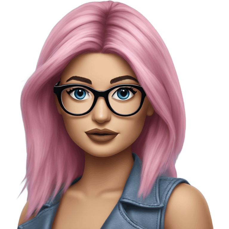 Photo Realistic kylie jenner stylish pink hair BLUE eyes and glasses posing  emoji