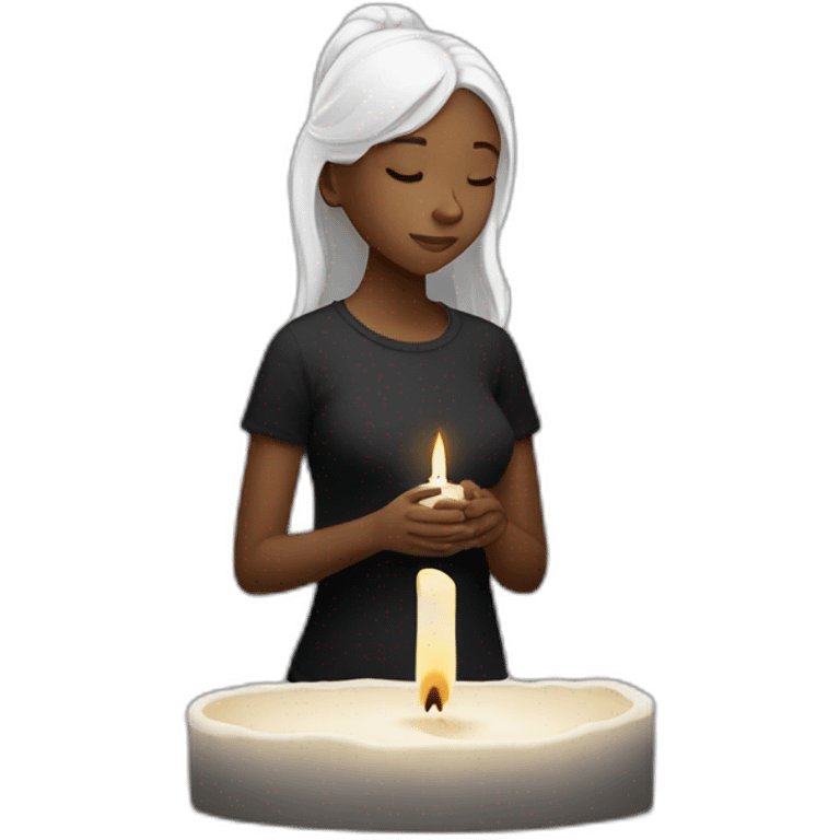 a girl with white skin and black t-shirt prays at a candle in her left  emoji