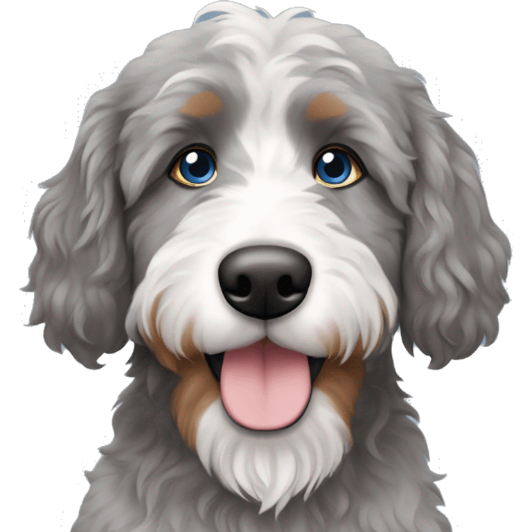  grey bernedoodle with a blue and brown eye emoji