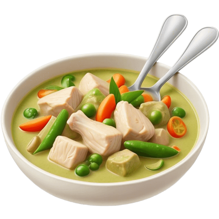 Green Chicken Curry Cinematic Realistic Green Chicken Curry Dish Emoji, depicted as tender chicken chunks simmered in a fragrant green curry sauce with vegetables, rendered with vivid textures and dynamic, vibrant lighting. emoji