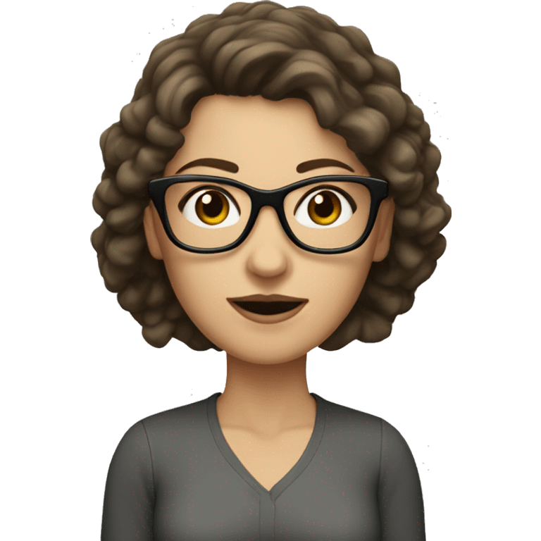 white woman with short, dark, poofy brown hair and black glasses emoji