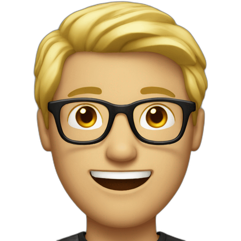 a man with blond hair with black glasses with small smile emoji