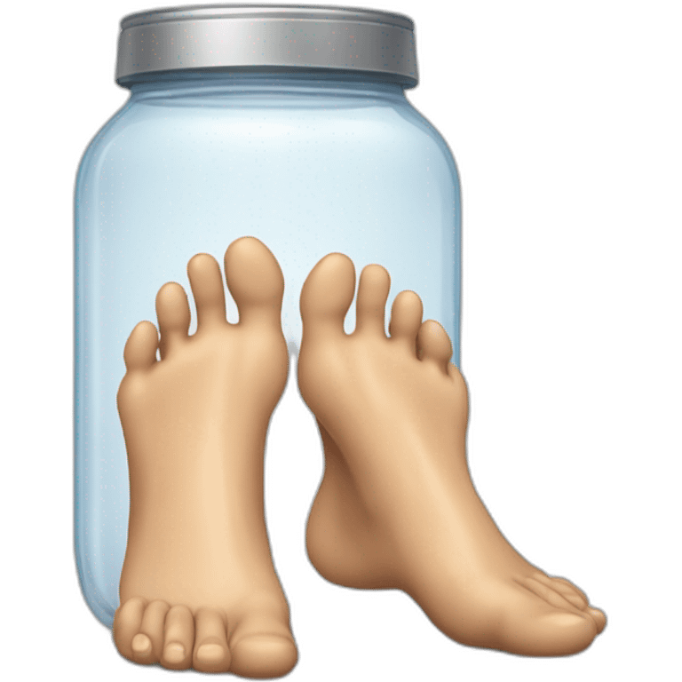 human feet standing on the floor with an empty transparent jar between them,outside,to the left and to the right,front view emoji