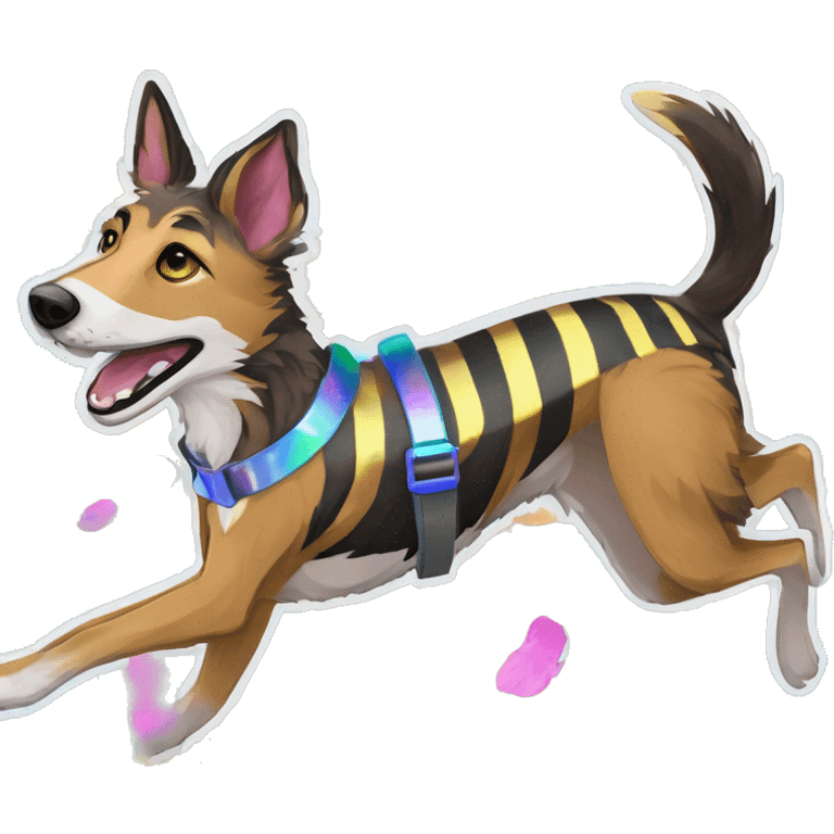  brindle brown black maroon striped lurcher Alsatian fox running blue eyes and iridescent holographic oilslick harness wearing paper iridescent tropical flower crown yellow caution tape emoji