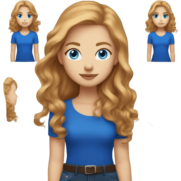 Hair down and blown out Strawberry blonde girl with blue eyes light skin wearing a royal blue shirt  emoji