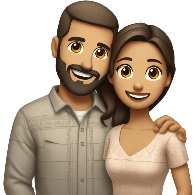 Brown-haired Puerto Rican woman with dark brown eyes wearing a cute blouse giving a comforting hug to a short, bald man with brown eyes, laugh lines, and a beard emoji