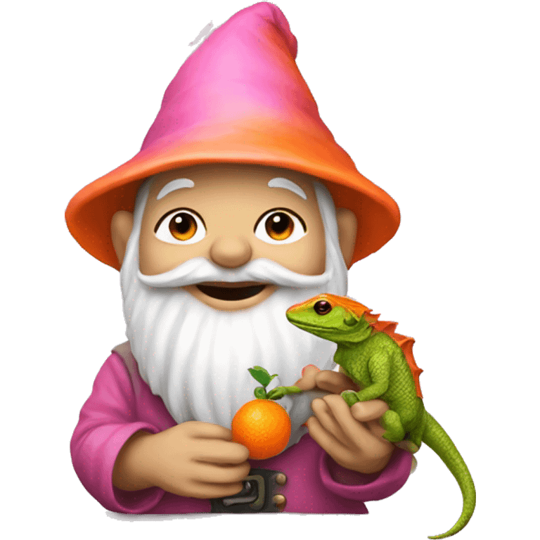 pink garden gnome holding an orange lizard emoji