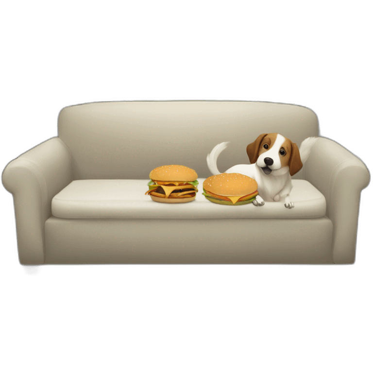 chien qui mange un hamburger avec un chien sur le canapé dans une maison avec une fenêtre en arrière plans  emoji