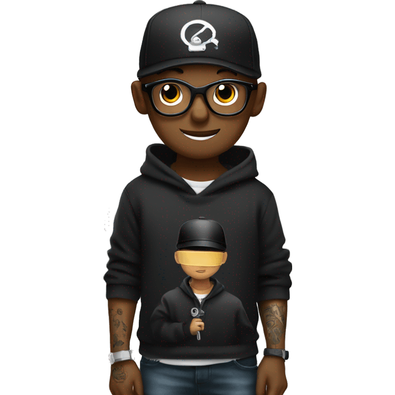 black cap, black hoodie and glasses boy  holding an tattoo machine emoji