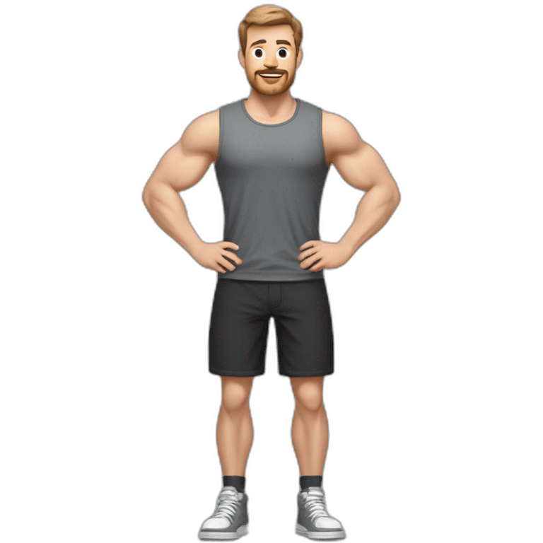 Full height realistic Actively gesturing with hands Pale skinned Fit Man With the biceps and brown hair in dark gray Sleeveless Mike, black oversize sports shorts, watch and white Sneakers emoji