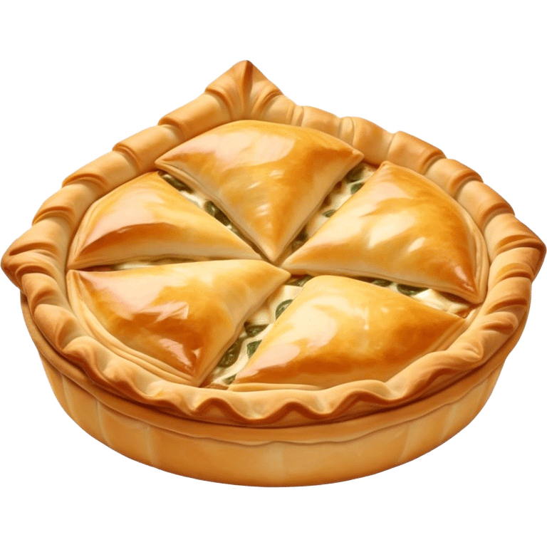 Cinematic Realistic Burek sa Sirom Dish Emoji, showcasing a flaky pastry filled with cheese rendered with crisp textures and appetizing, warm lighting. emoji