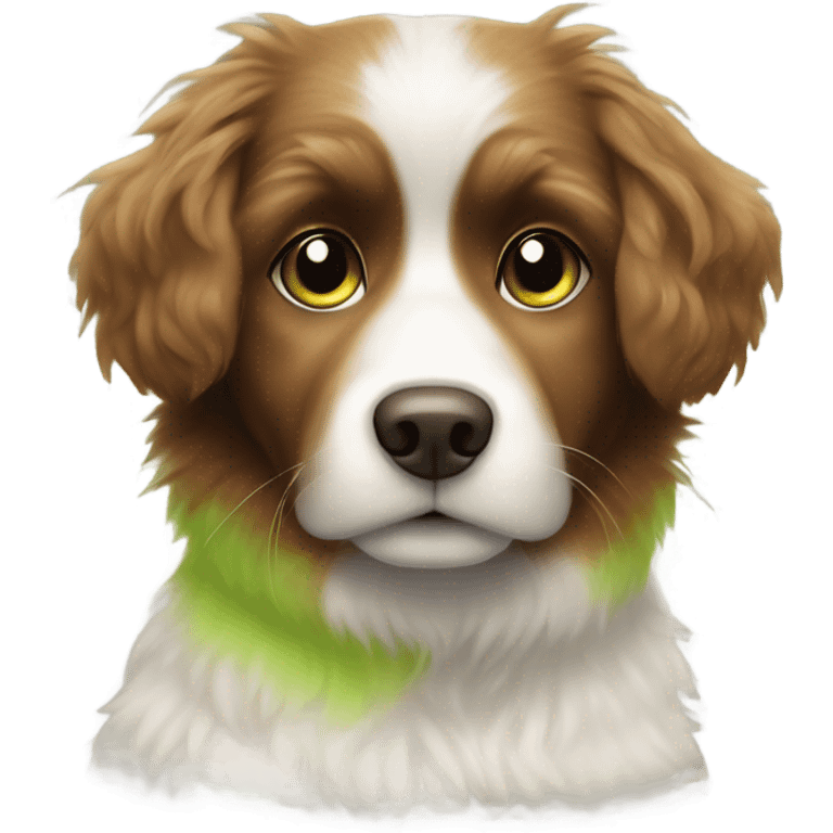 Brown and white fluffy dog pointy ears in lime green  emoji