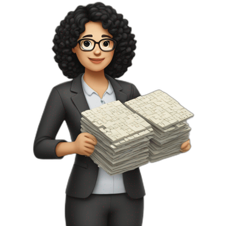 plump woman teacher in glasses with curly black hair holding large puzzles in her hands emoji