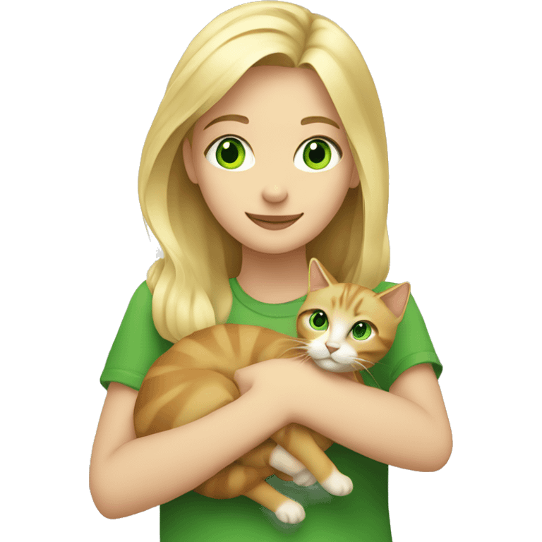 A blonde girl holds a cat with green eyes in her hands emoji