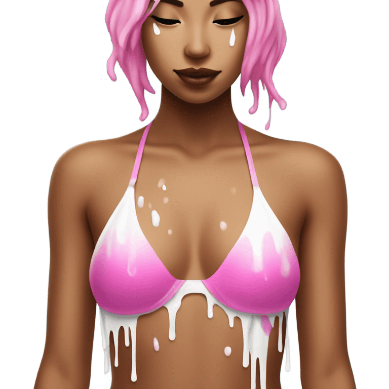 Woman wearing pink bikini with dripping white paint on top emoji