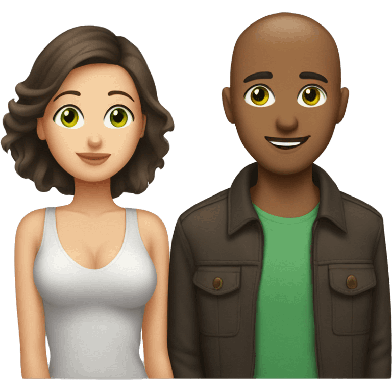 Buzz cut brown hair guy with green eyes kissing woman with dark brown hair and brown eyes emoji