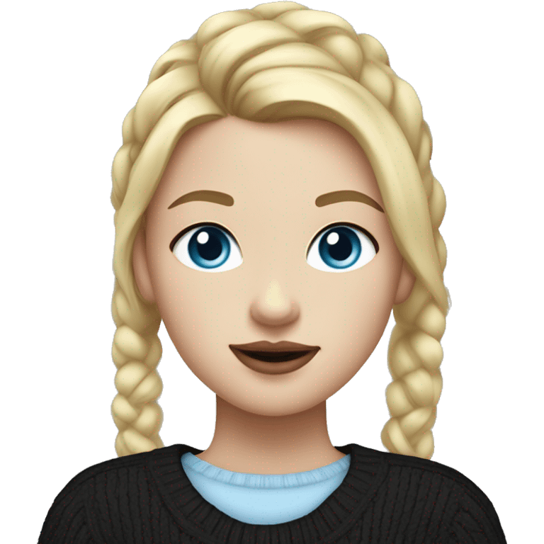 girl with white skin with blonde hair with blue eyes in a black sweater with a ponytail on her head with plump lips emoji