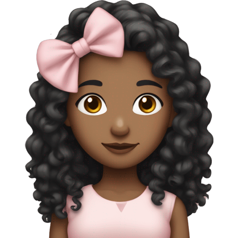 Medium skin tone girl with long curly black hair and a pale pink bow emoji