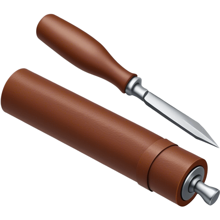 Leatherworking icon, partially unrolled raw leather roll, carving tools like engraver needle or chisel, stamp or press, textured surface, minimalistic style, clean lines, transparent background. emoji