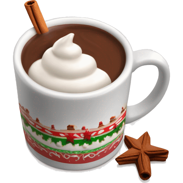 Decorated Christmas mug of hot chocolate with whipped cream and cinnamon emoji